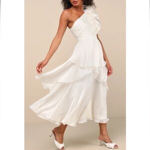 Lulus Lanelle Ivory Ruffled One-Shoulder Asymmetrical Tier Chiffon Midi Dress XL